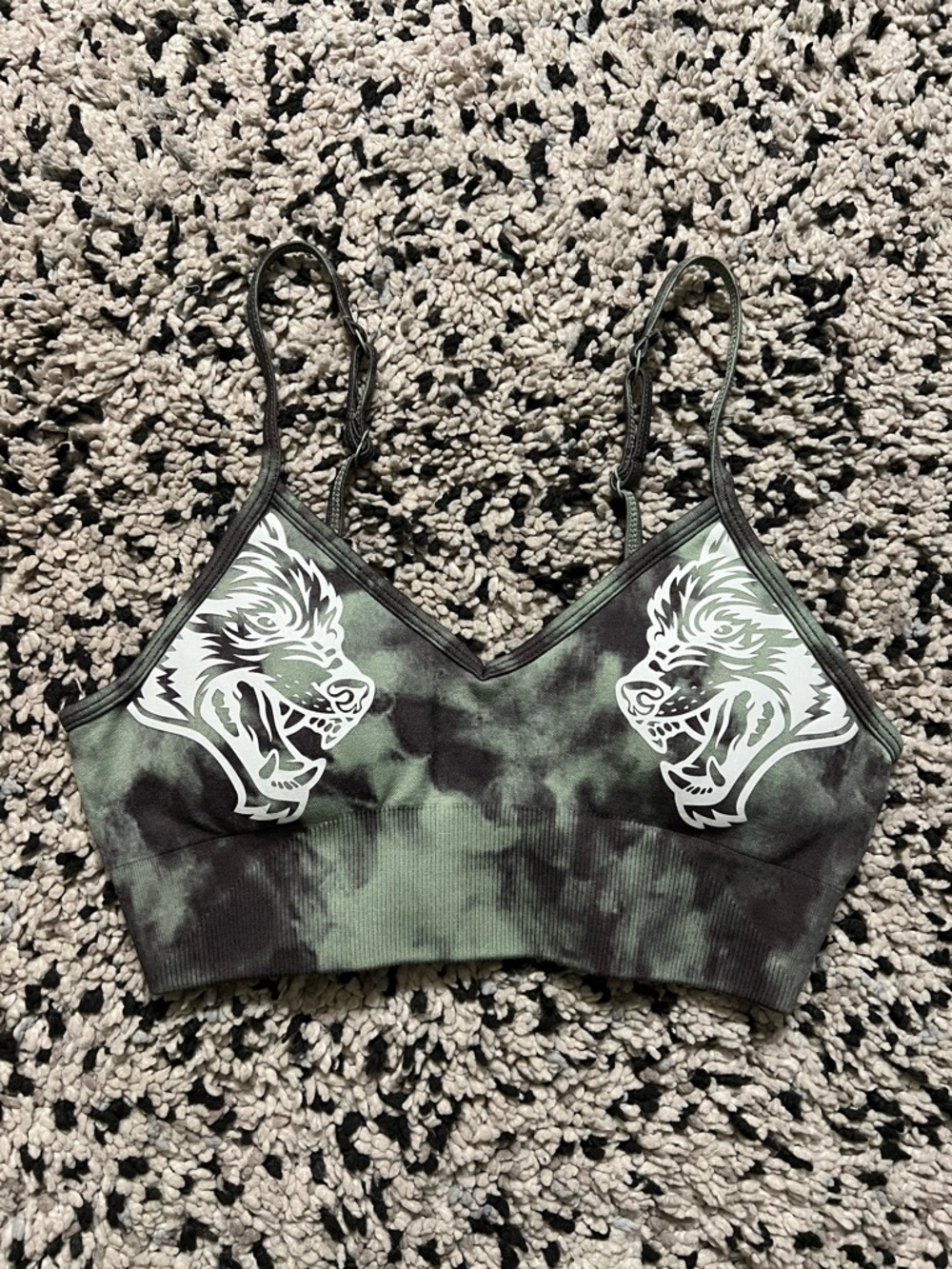 Darc Sport Green and Black Tie-Dye Wolf Graphic Sports Bra